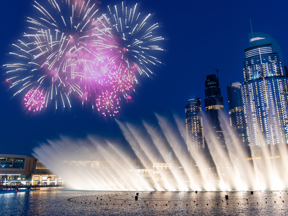 Dubai water fountain and fireworks